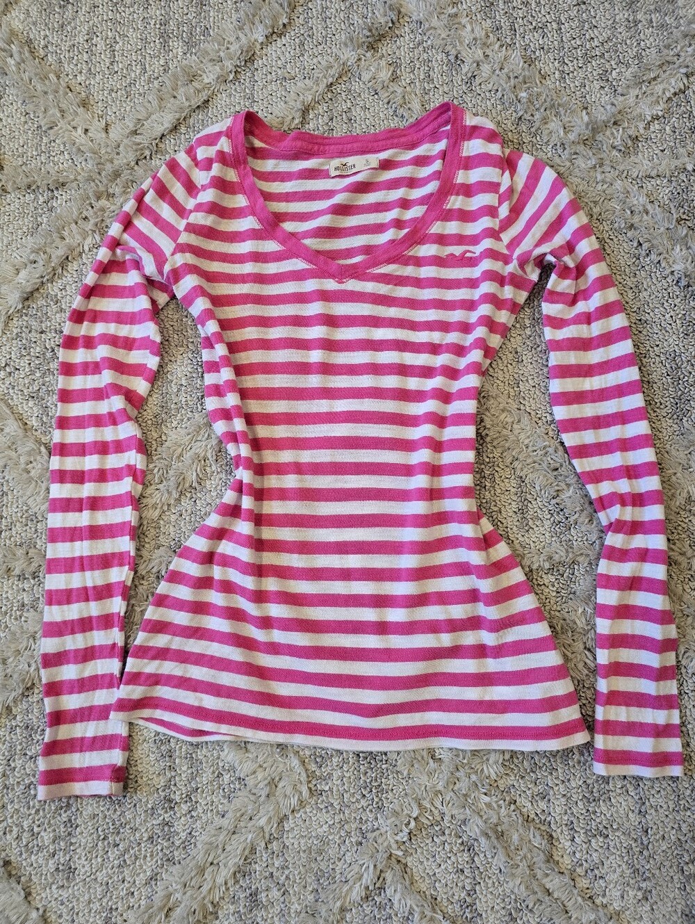 Y2K Hollister Womens Small Pink White Stripe Long Sleeve V-Neck Shirt